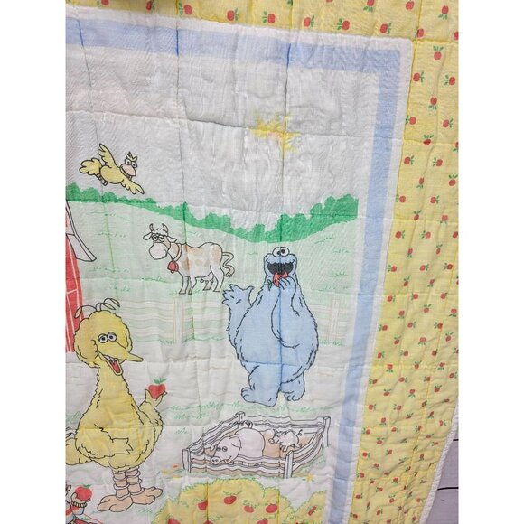 Vintage Sesame Street Baby Quilt 42x32 Handmade Farm Theme Yellow Floral Backing - Picture 15 of 16